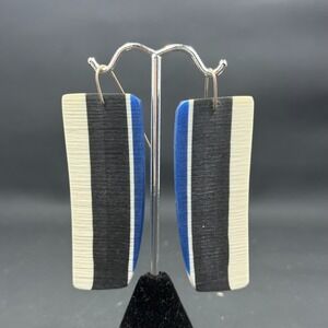 Signed 2.5" Modernist Dangle‎ Earrings Blue White Black Stripes